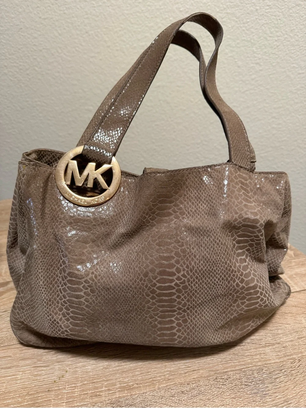 Michael Kors Shiny Taupe Snake-Embossed Shoulder Tote